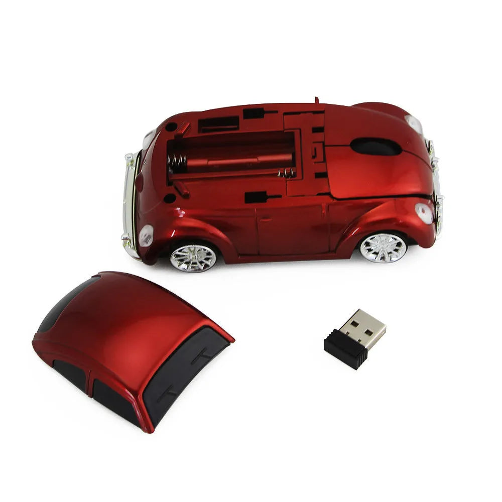 2.4G wireless optical car mouse in black, blue, red, or yellow colours next to a laptop.