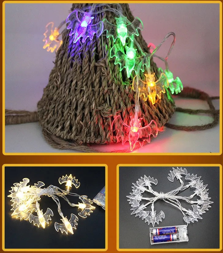 Halloween LED string lights with pumpkin, bat, and ghost decorations hanging on a wall