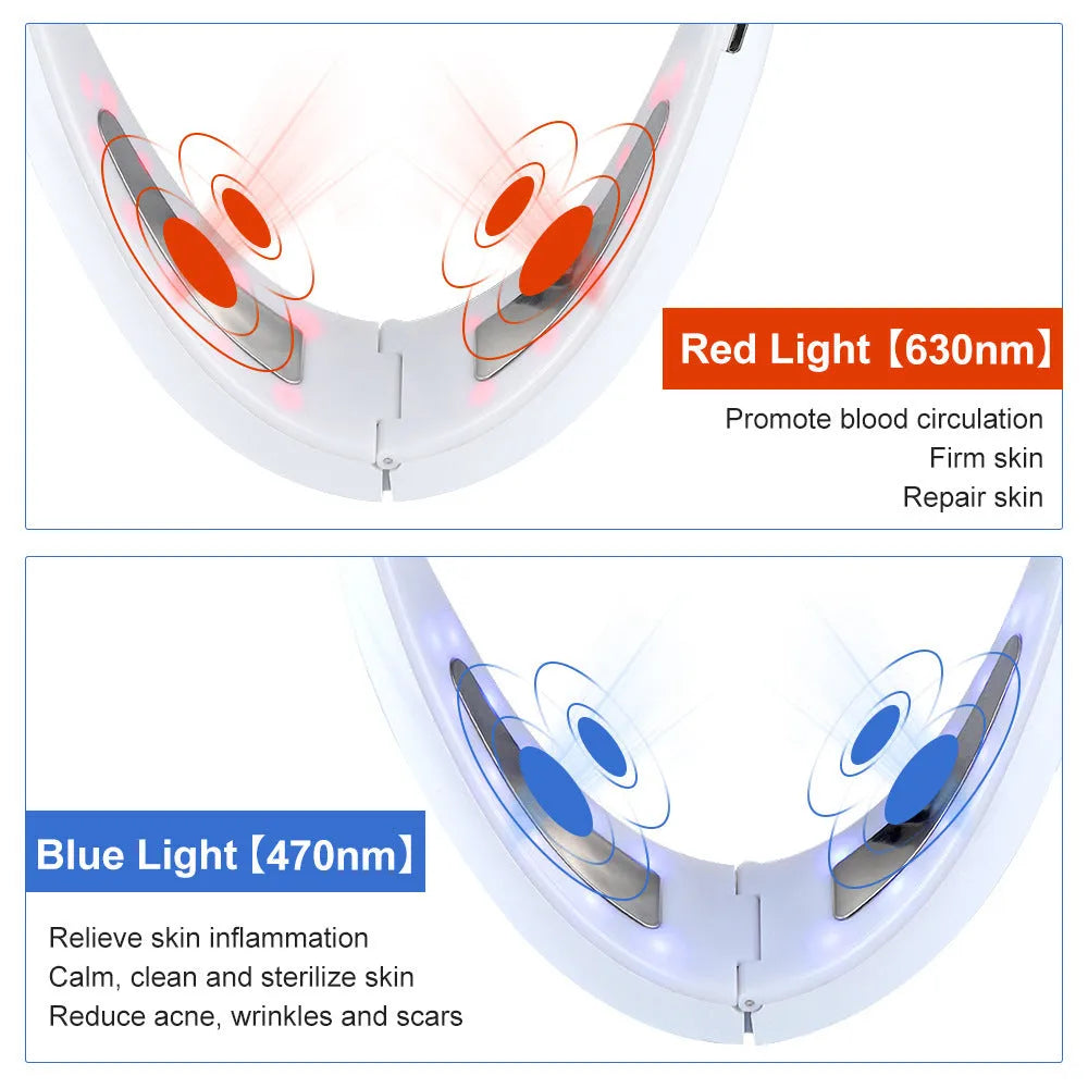 White ABS plastic facial lifting device with red and blue light therapy, showing control buttons for modes and vibration.