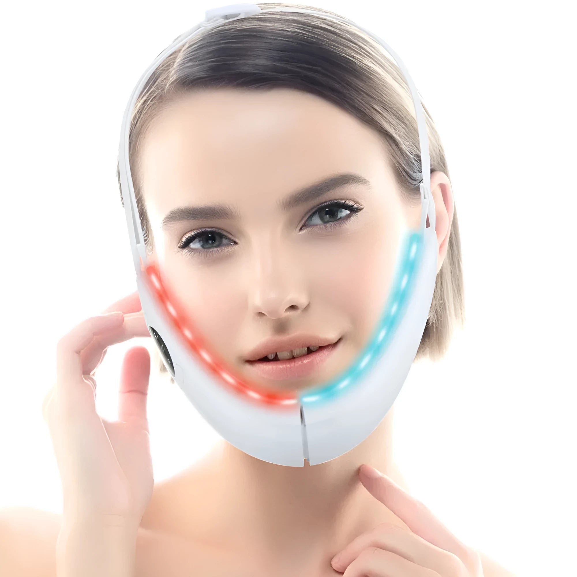 White ABS plastic facial lifting device with red and blue light therapy, showing control buttons for modes and vibration.