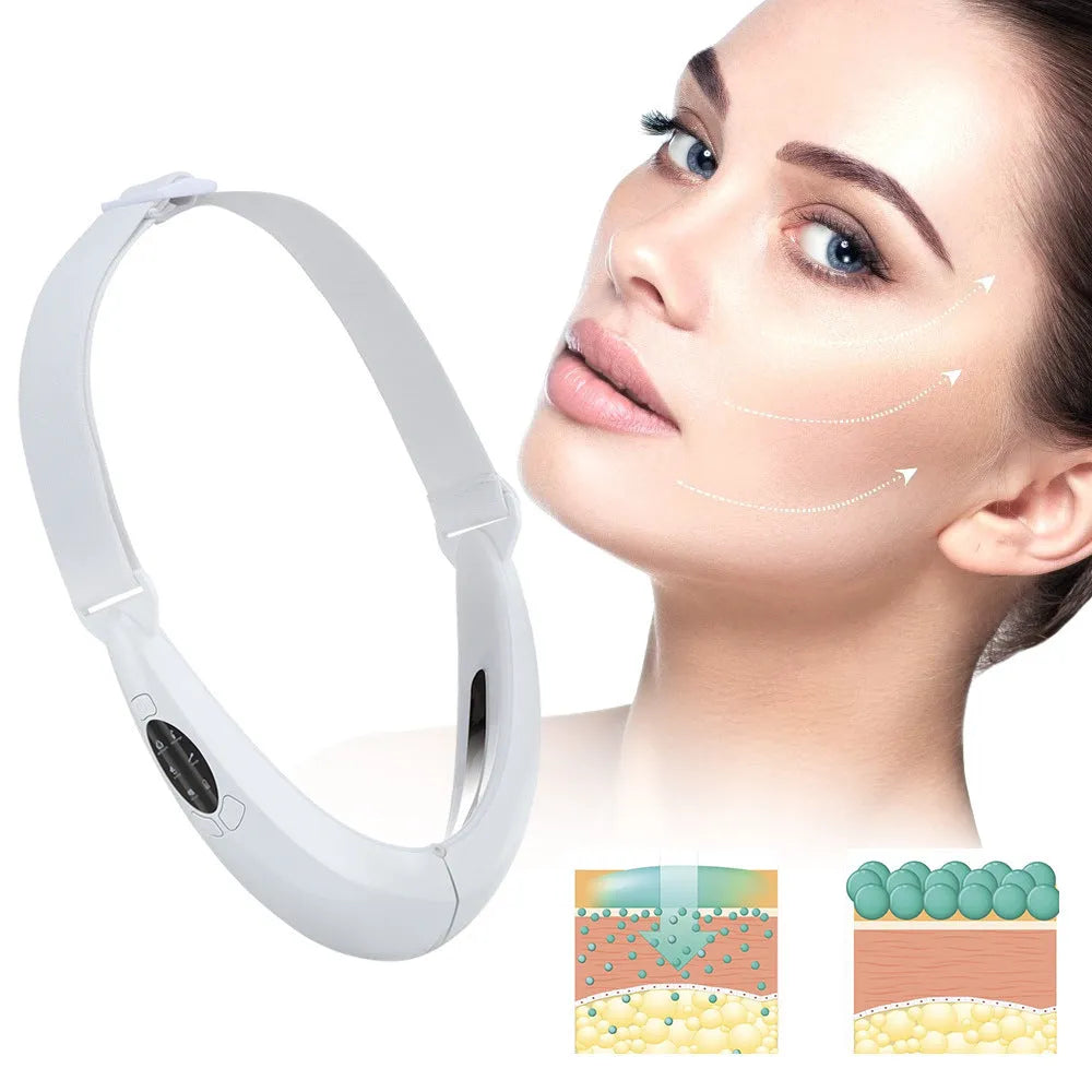 White ABS plastic facial lifting device with red and blue light therapy, showing control buttons for modes and vibration.