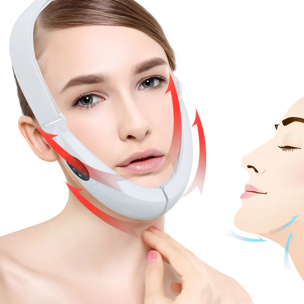 White ABS plastic facial lifting device with red and blue light therapy, showing control buttons for modes and vibration.
