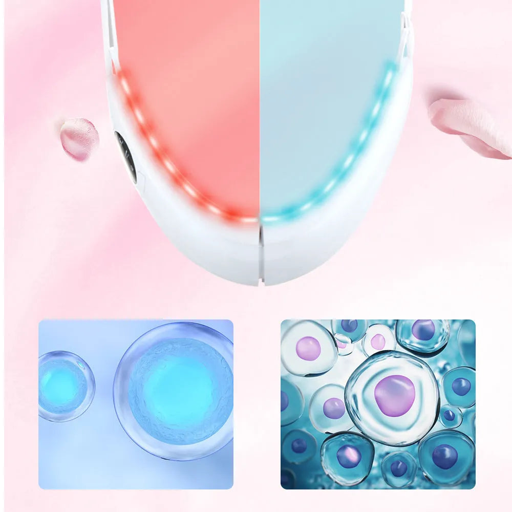White ABS plastic facial lifting device with red and blue light therapy, showing control buttons for modes and vibration.