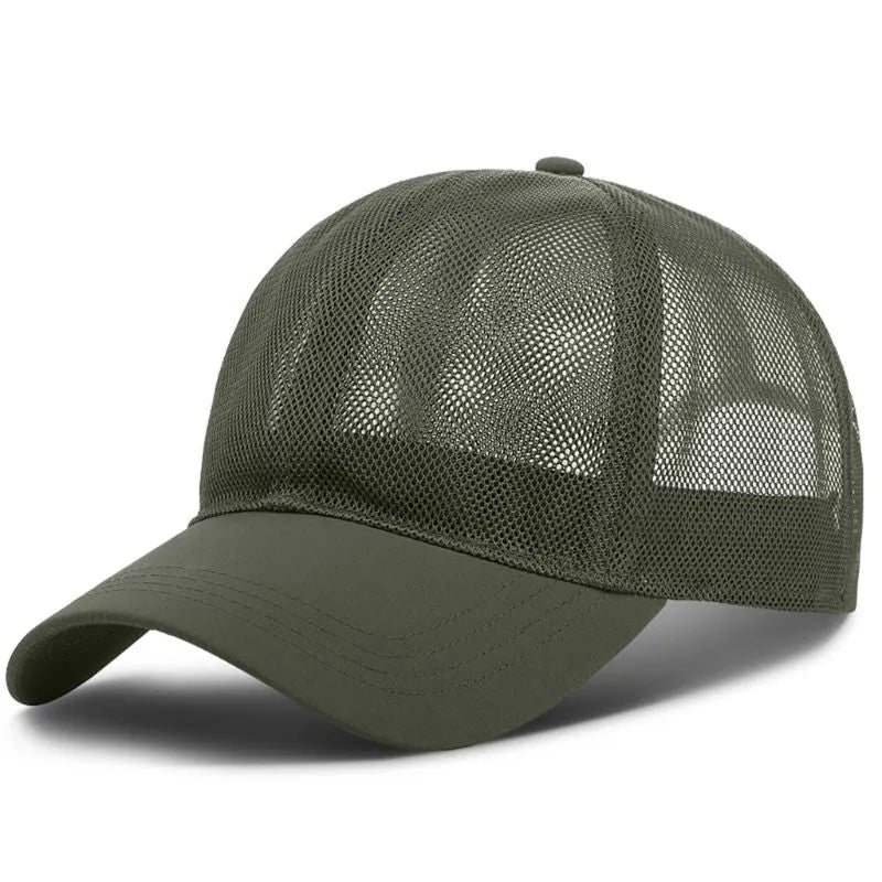 Breathable mesh flat cap for adults in silk and satin with embroidered stitching and short curling brim.
