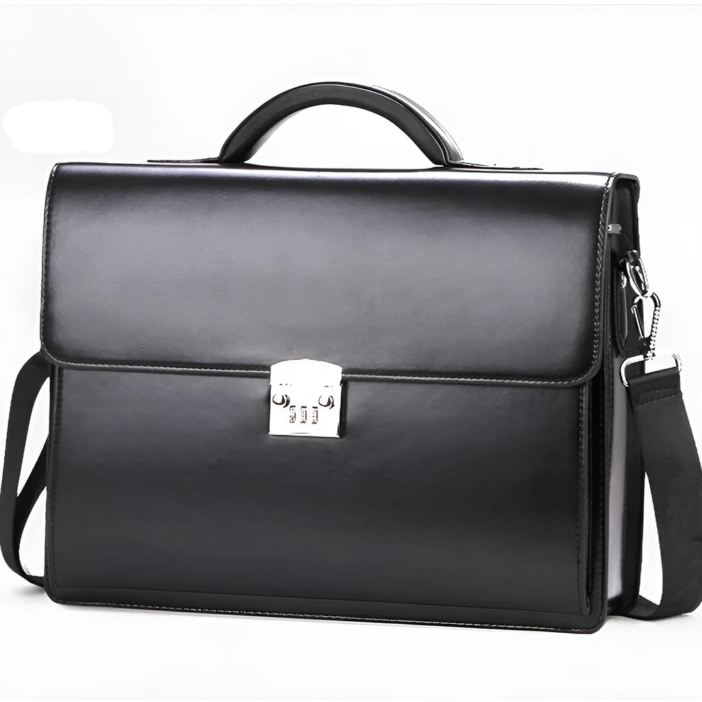 Black horizontal PU leather business briefcase with a single handle and zipper opening.