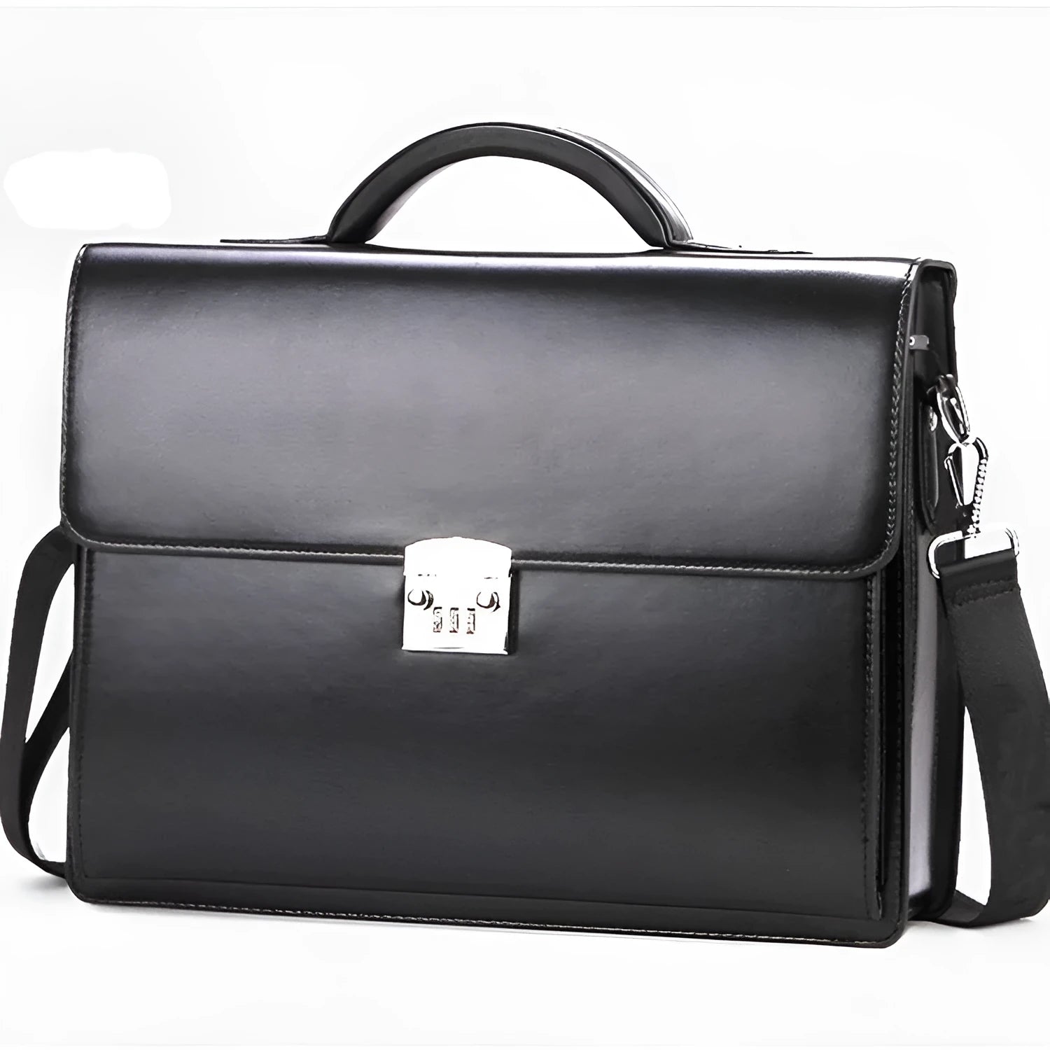 Black horizontal PU leather men's business briefcase with a zipper opening and handle.