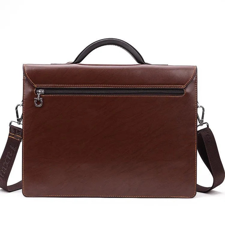 Black horizontal PU leather business briefcase with a single handle and zipper opening.