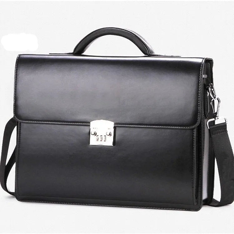 Black horizontal PU leather men's business briefcase with a zipper opening and handle.