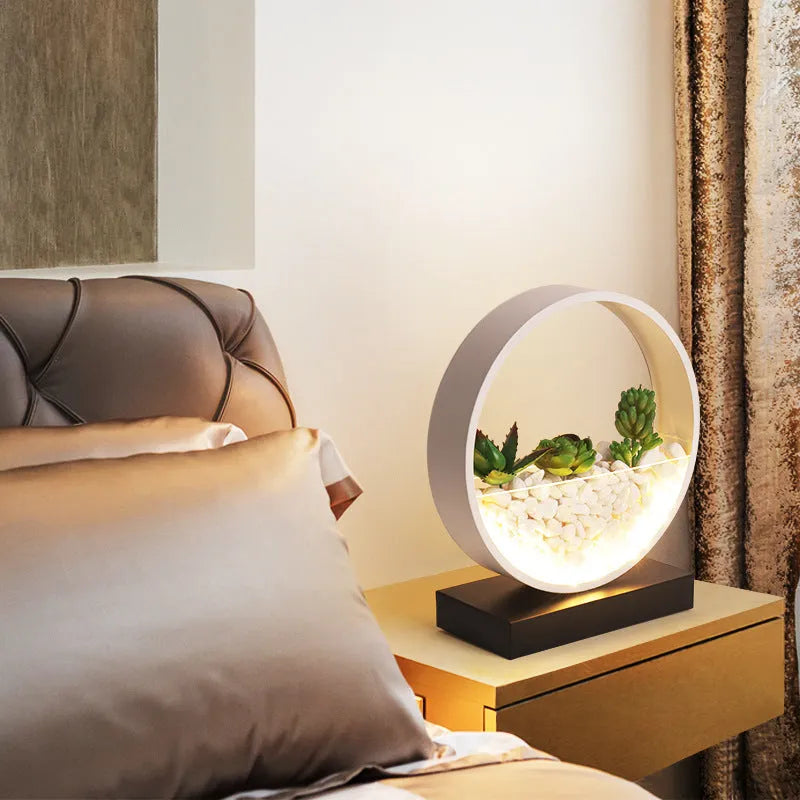 Black table lamp with creative succulent plant design and metal lamp holder