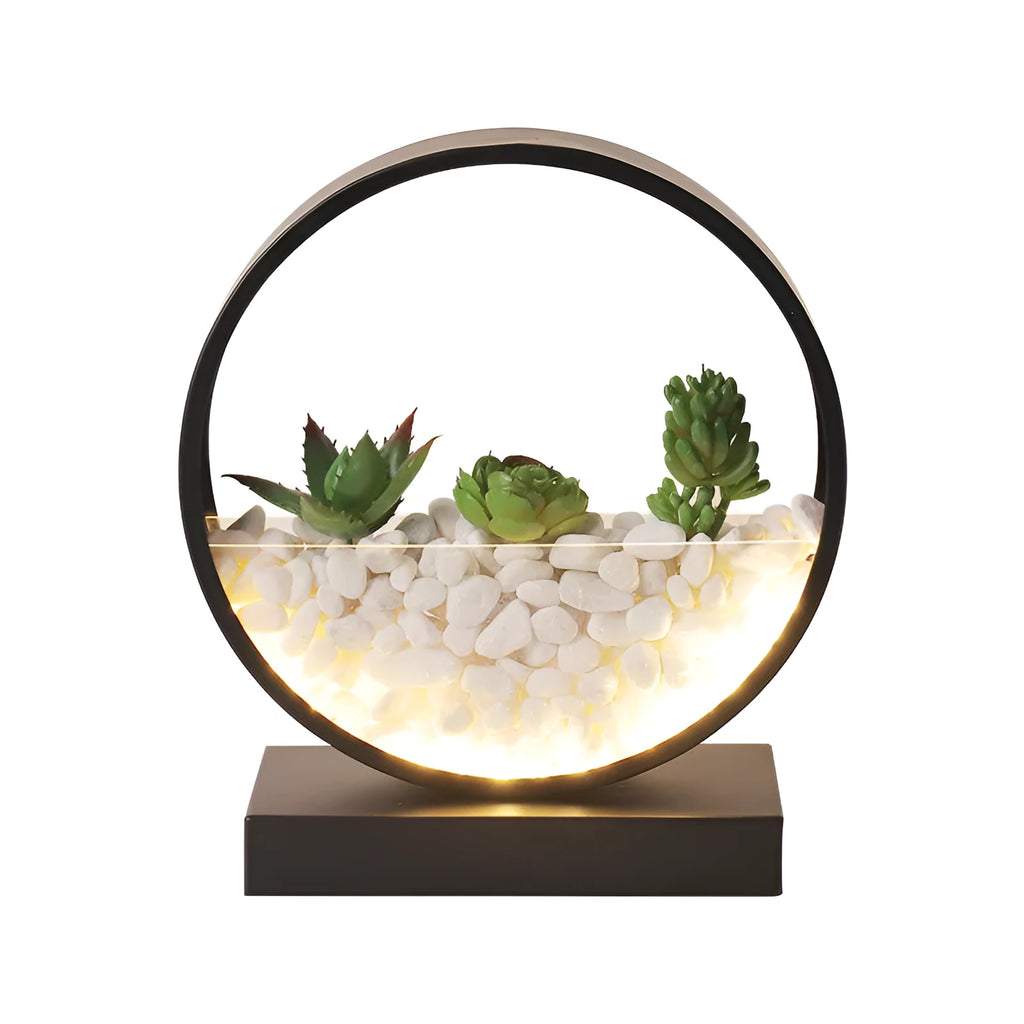 Black table lamp with creative succulent plant design and metal lamp holder