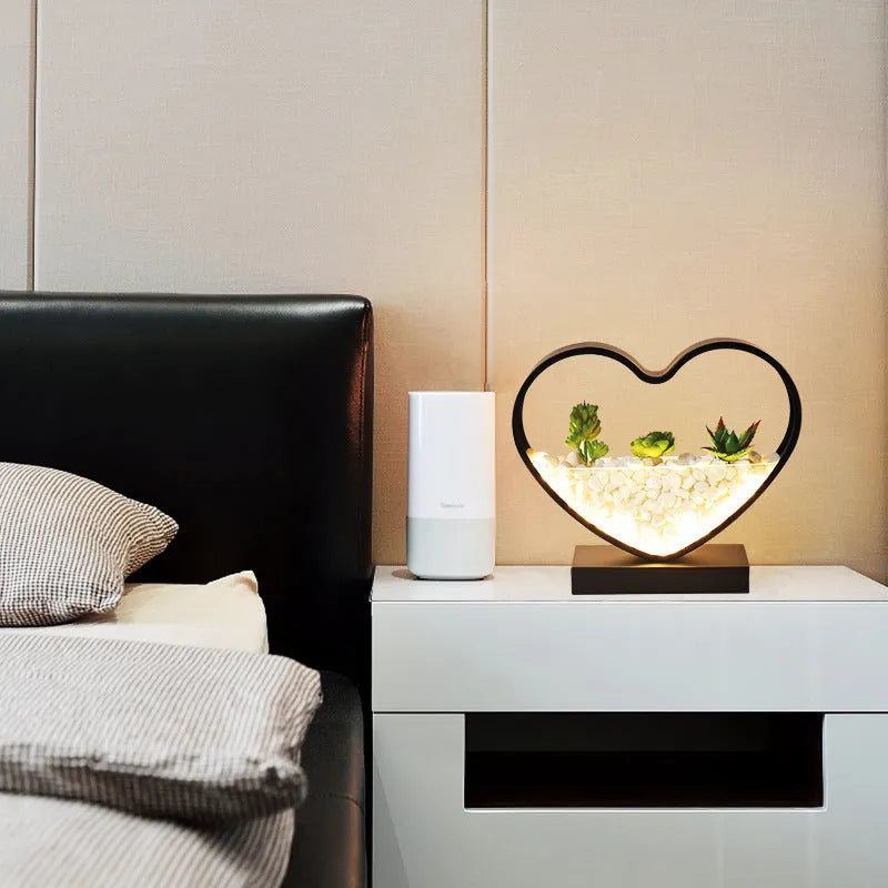 Black table lamp with creative succulent plant design and metal lamp holder