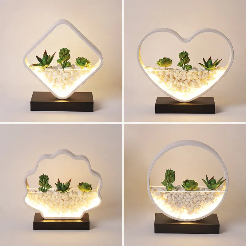 Black table lamp with creative succulent plant design and metal lamp holder