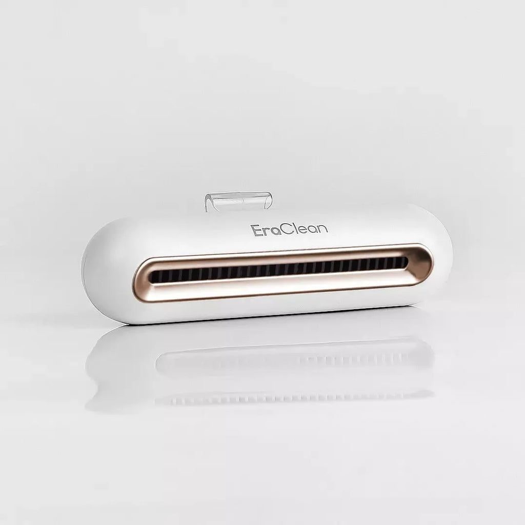 Rose gold refrigerator deodorant sterilizer with USB cable for car and small space air purification.