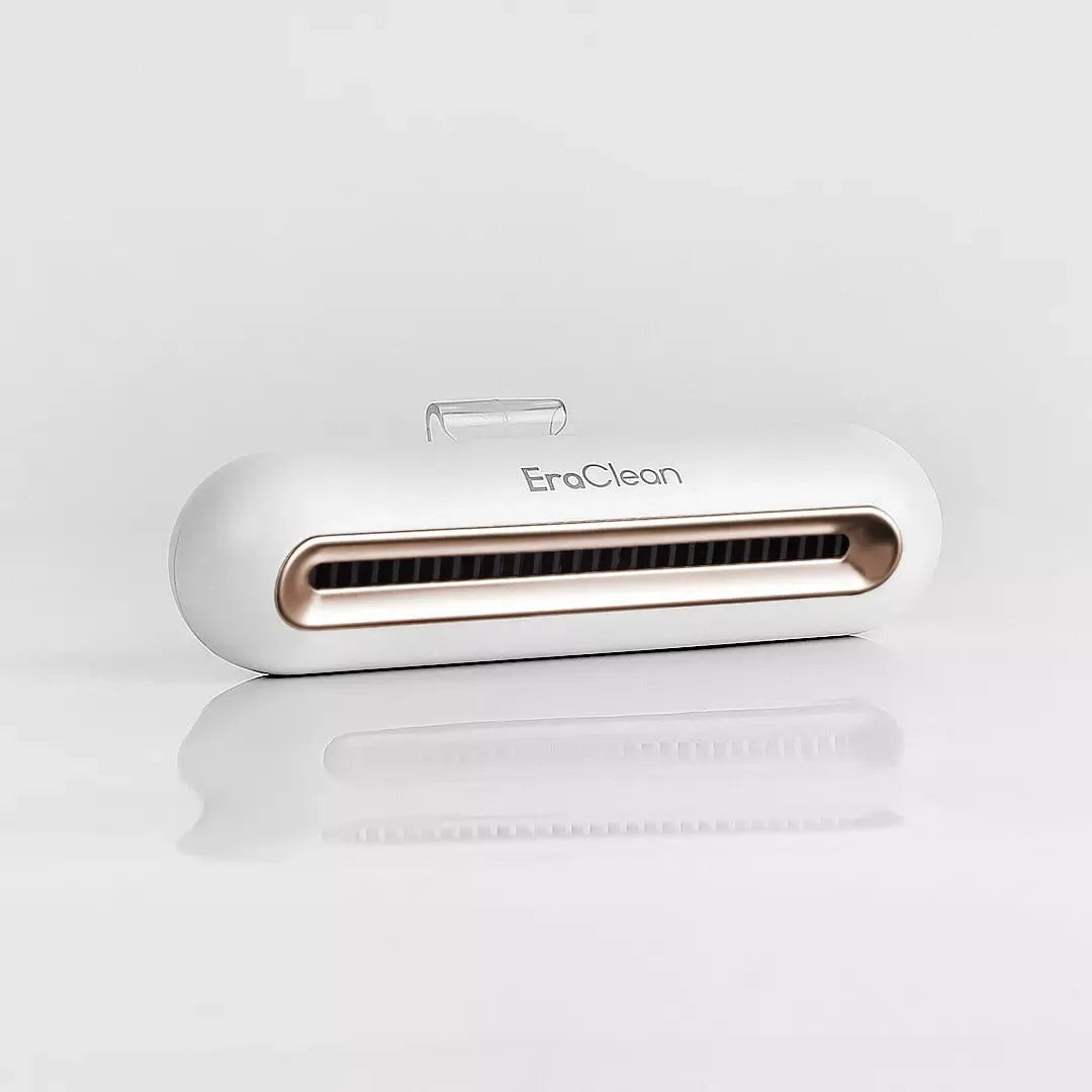 Rose gold refrigerator deodorant sterilizer with USB cable for car and small space air purification.