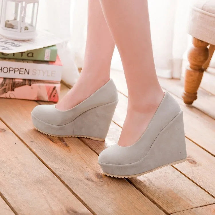 Women's retro platform wedge shoes with thick bottom, round toe, lace up decor, Beige colour
