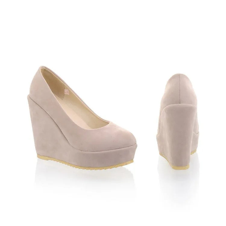 Women's retro platform wedge shoes with thick bottom, round toe, lace up decor, Beige colour