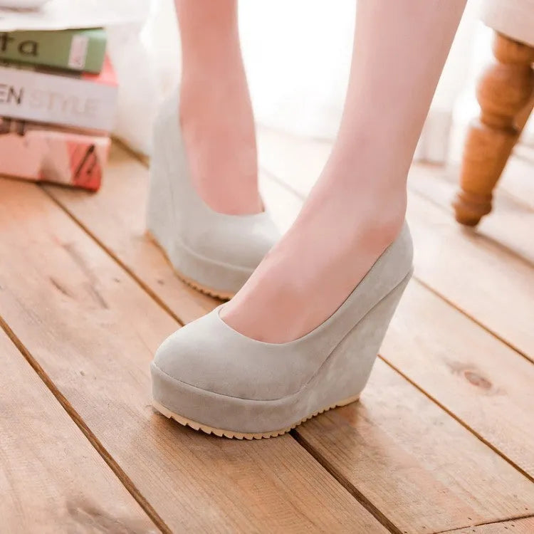 Women's retro platform wedge shoes with thick bottom, round toe, lace up decor, Beige colour