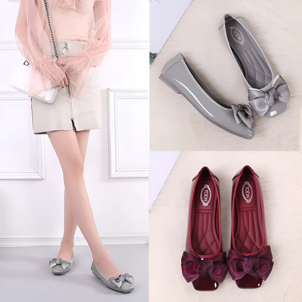 Womens square toe PU ballet flats slip-on low heel shoes in wine red