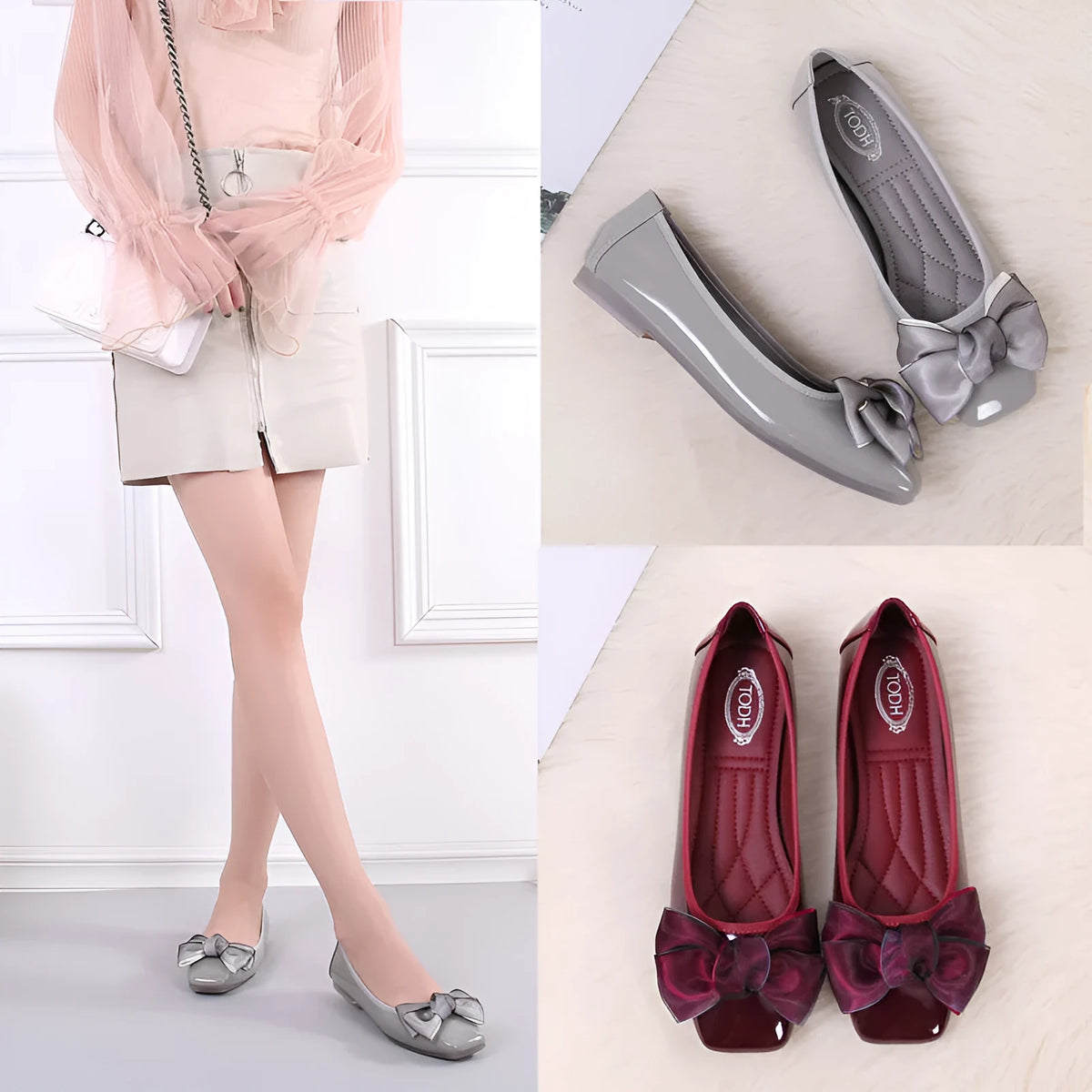 Womens square toe PU ballet flats slip-on low heel shoes in wine red