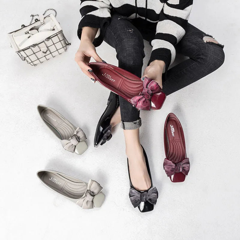 Womens square toe PU ballet flats slip-on low heel shoes in wine red