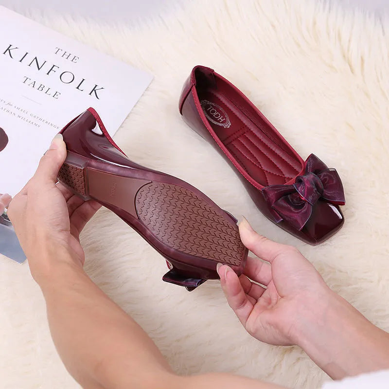 Womens square toe PU ballet flats slip-on low heel shoes in wine red