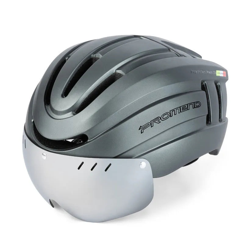 Integrated molding mountain helmet with LED warning light in black and grey for adult riders