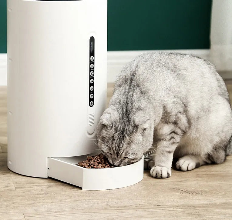 White smart pet feeder with 4.6L capacity and timing functions