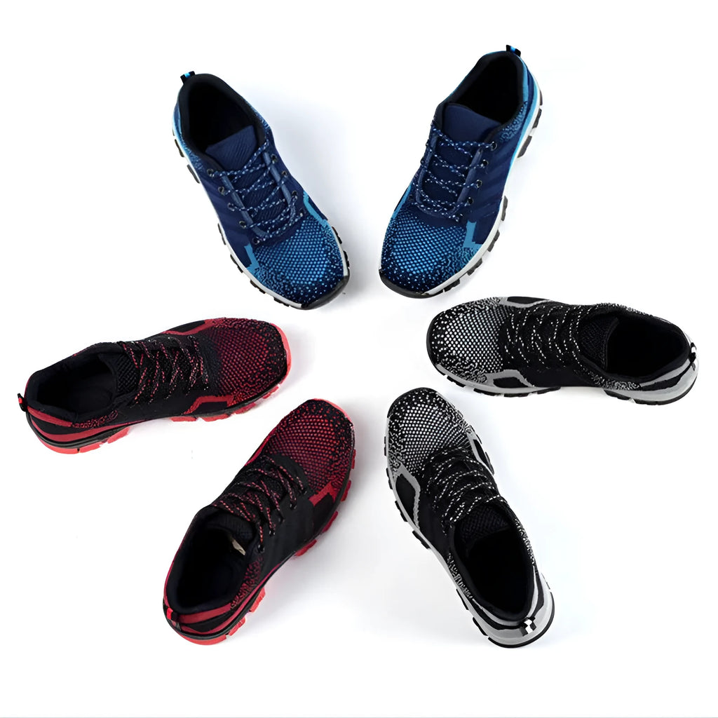 Anti-smash anti-puncture safety shoes with flying weave upper in blue, grey, and red low-cut work boots