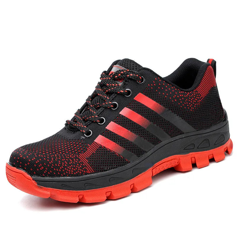 Anti-smash anti-puncture safety shoes with flying weave upper in blue, grey, and red low-cut work boots