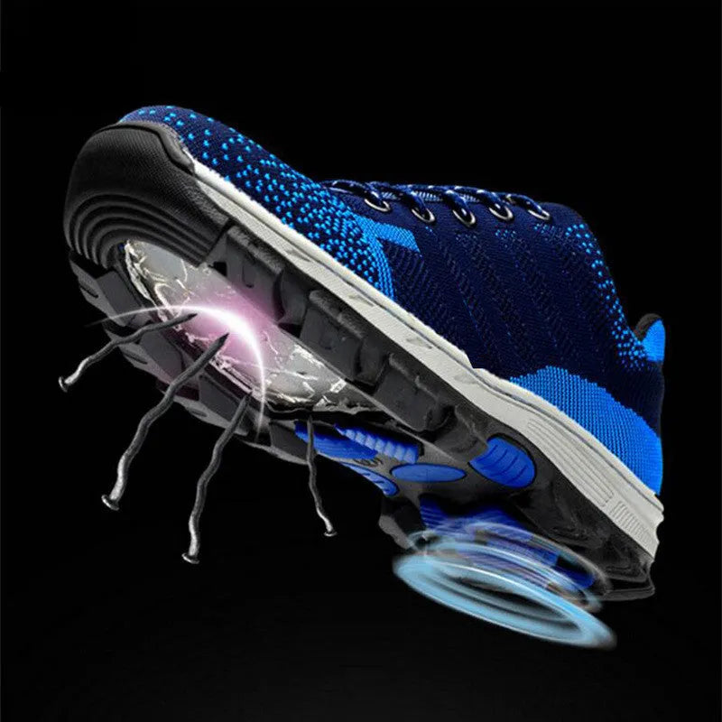 Anti-smash anti-puncture safety shoes with flying weave upper in blue, grey, and red low-cut work boots