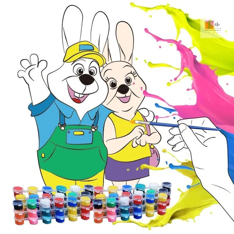 Children's one-time use gouache painting drawing board set with 50 pre-printed designs, paints, and pens.