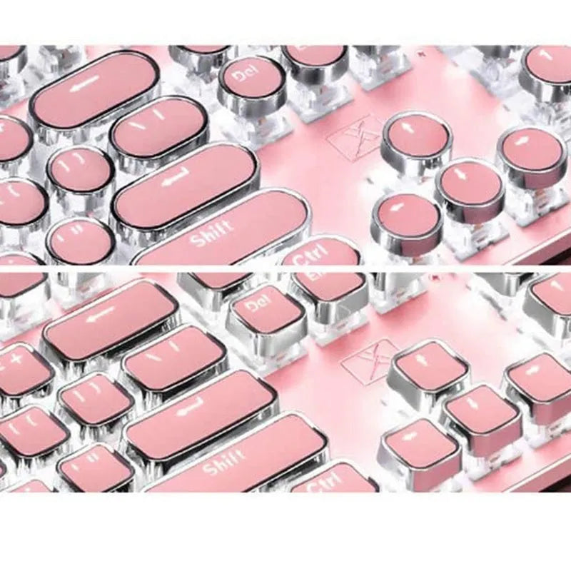 Queen Lipstick mechanical keyboard with green switches, white backlight, silver and pink casing on a desk.