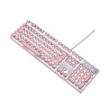 Queen Lipstick mechanical keyboard with green switches, white backlight, silver and pink casing on a desk.