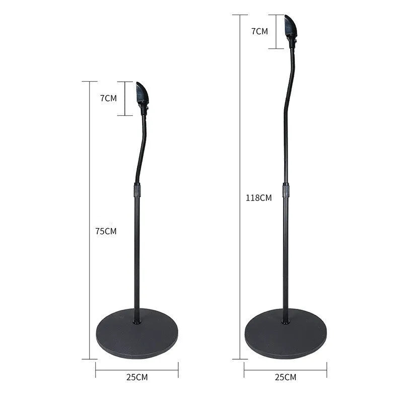 Black tripod speaker stand holding bookshelf satellite speaker with iPhone placed on optional silicone seat