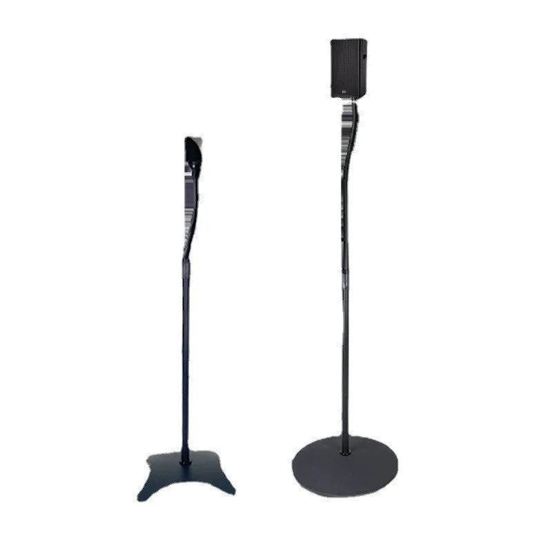 Black tripod speaker stand holding bookshelf satellite speaker with iPhone placed on optional silicone seat