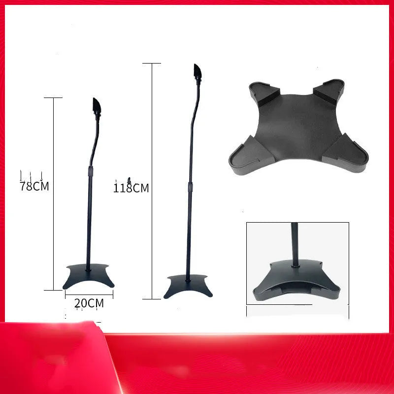 Black tripod speaker stand holding bookshelf satellite speaker with iPhone placed on optional silicone seat