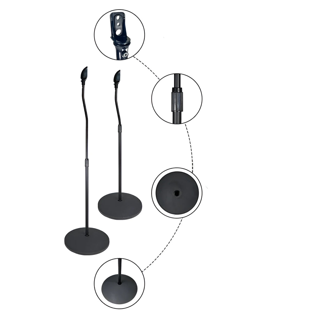 Black tripod speaker stand holding bookshelf satellite speaker with iPhone placed on optional silicone seat