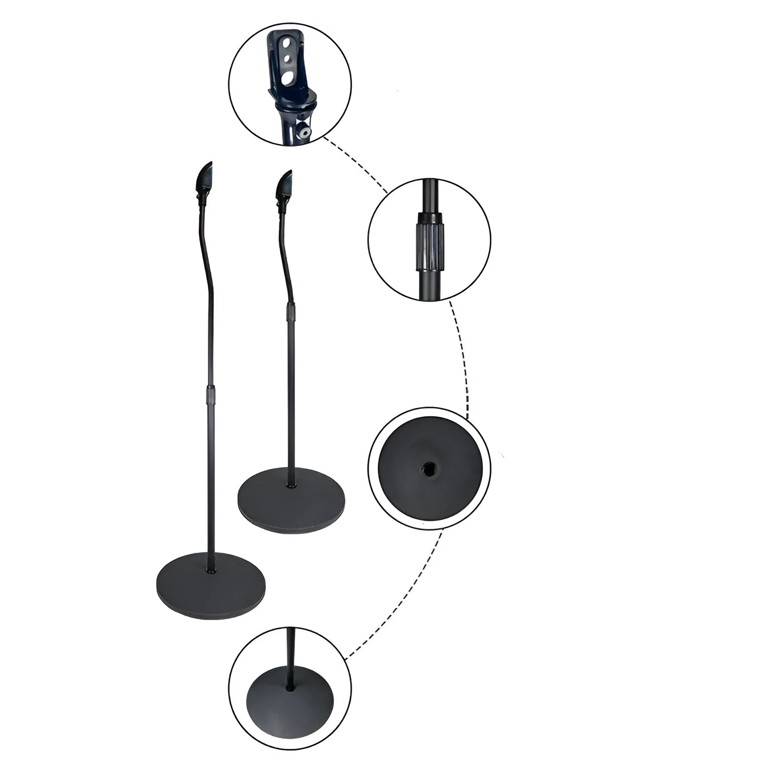 Black tripod speaker stand holding bookshelf satellite speaker with iPhone placed on optional silicone seat
