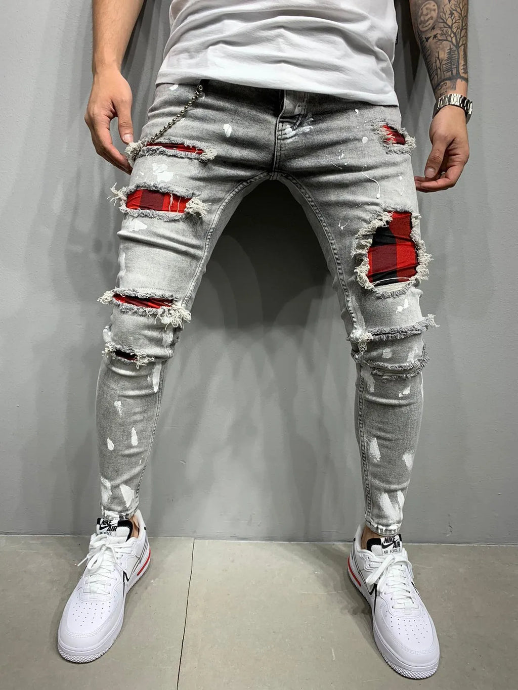 Men's cotton paint jeans in black, blue, or grey, Asian sizes S to 3XL