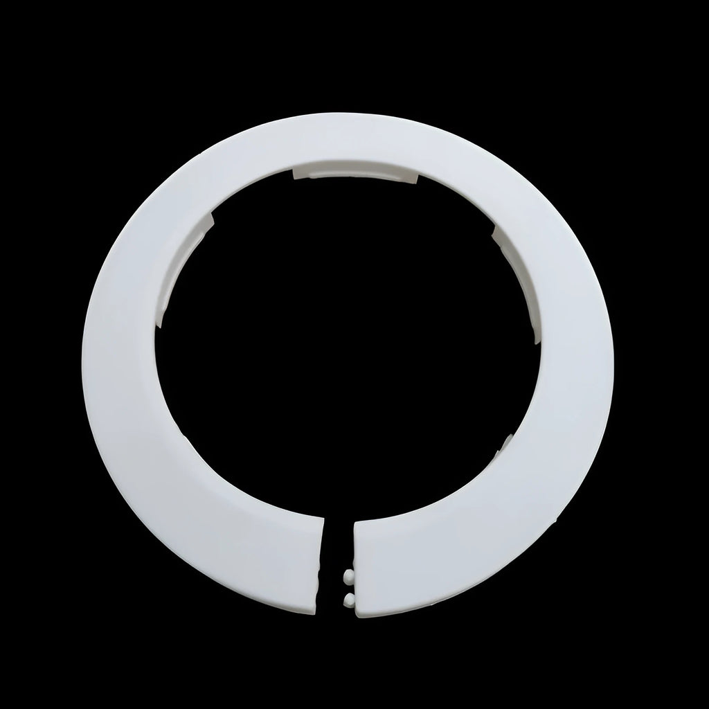 White plastic water pipe decoration ring for wall air-conditioning hole cover on a white wall