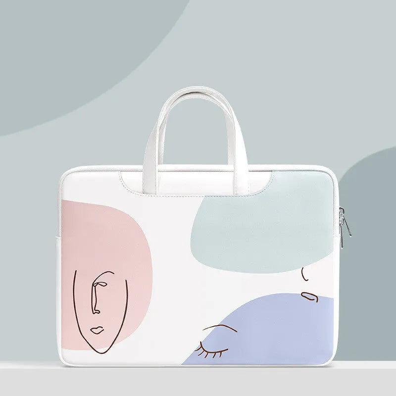 Blue waterproof PU leather laptop bag for girls with a soft handle, shown in a 15.6-inch size.