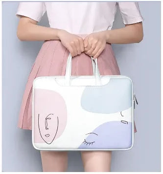 Blue waterproof PU leather laptop bag for girls with a soft handle, shown in a 15.6-inch size.