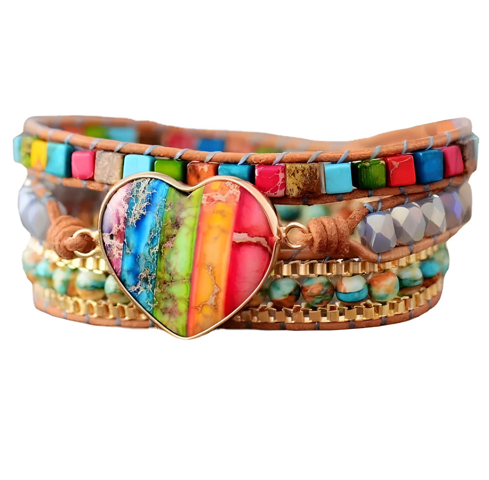 7 chakra leather wrapped bracelet with royal jasper crystal and agate beads on a flat surface