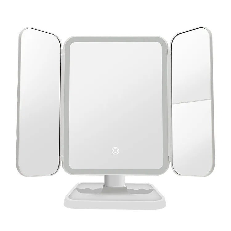 Trifold makeup mirror with 68 LED lights, 10X detachable magnifying mirror, and 180-degree rotation on a table