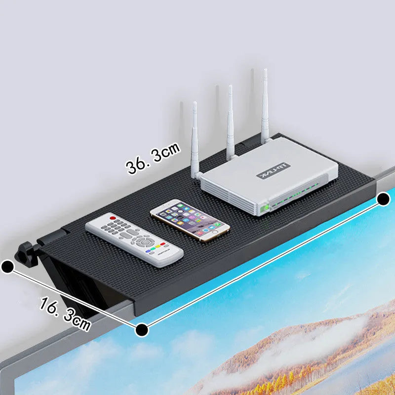 Plastic desktop rack with hook mount for organising TV set-top boxes and routers