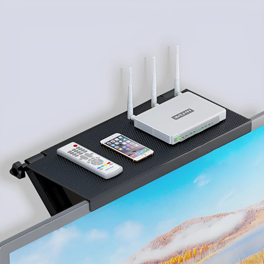 Plastic desktop rack with hook mount for organising TV set-top boxes and routers