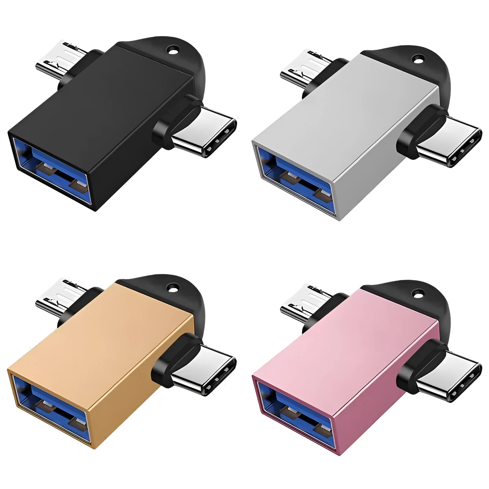 Type-C Android two-in-one OTG adapter with aluminium alloy shell in black, gold, pink, silver
