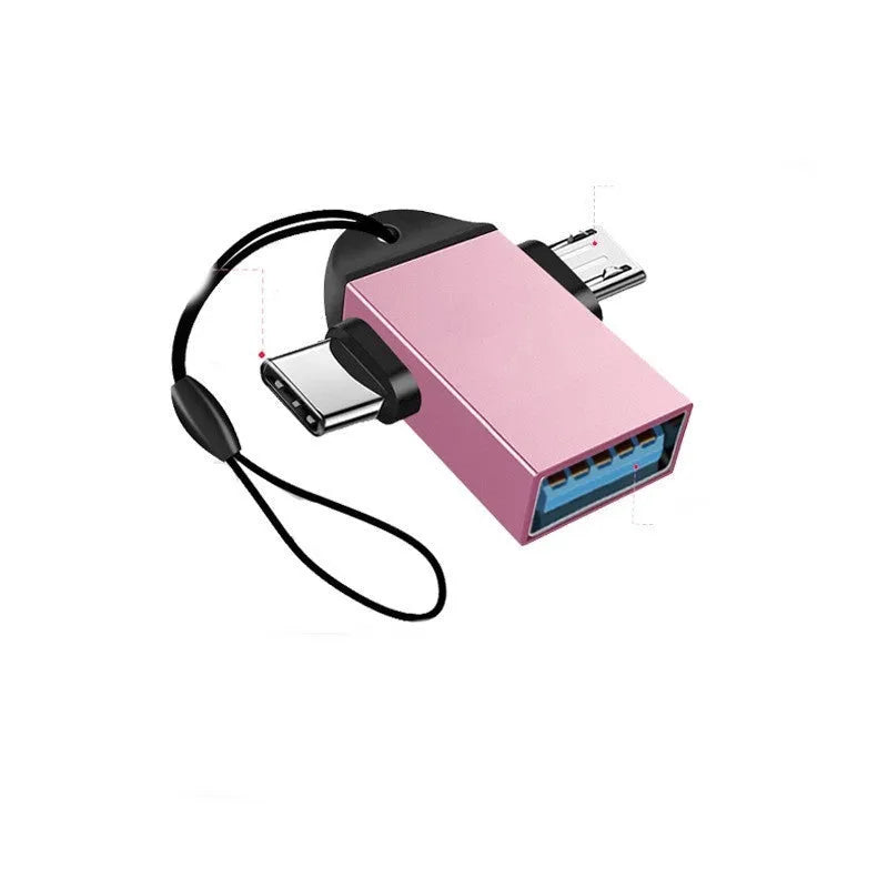Type-C Android two-in-one OTG adapter with aluminium alloy shell in black, gold, pink, silver