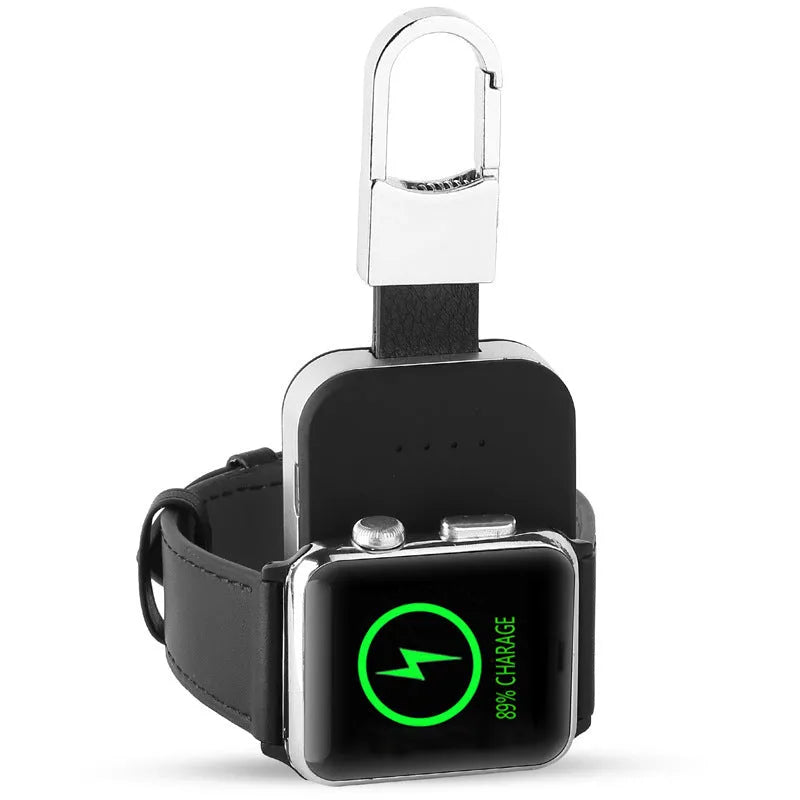 Black ABS keychain wireless power bank for Apple Watch charging on the go.