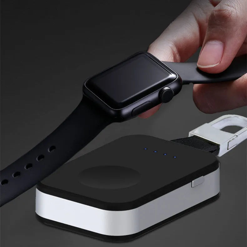 Black ABS keychain wireless power bank for Apple Watch charging on the go.